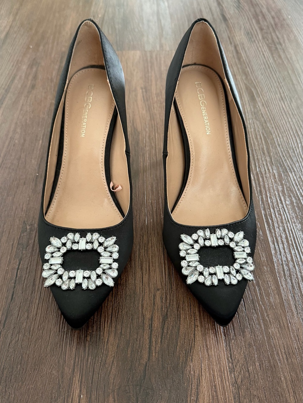 BCBGeneration Black Satin Pointed Toe Flats with Crystal Rectangle Buckle